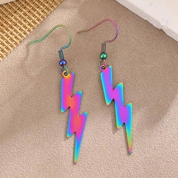 Lightning Bolt Dangle Earrings Iridescent Rainbow‎ Trendy Fashion Jewelry - Picture 1 of 3